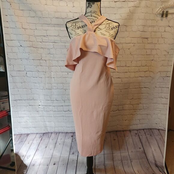 Nookie Sheath Dress Womens Large Blush Hermosa Midi Halter Over Bust Frill - Picture 1 of 10
